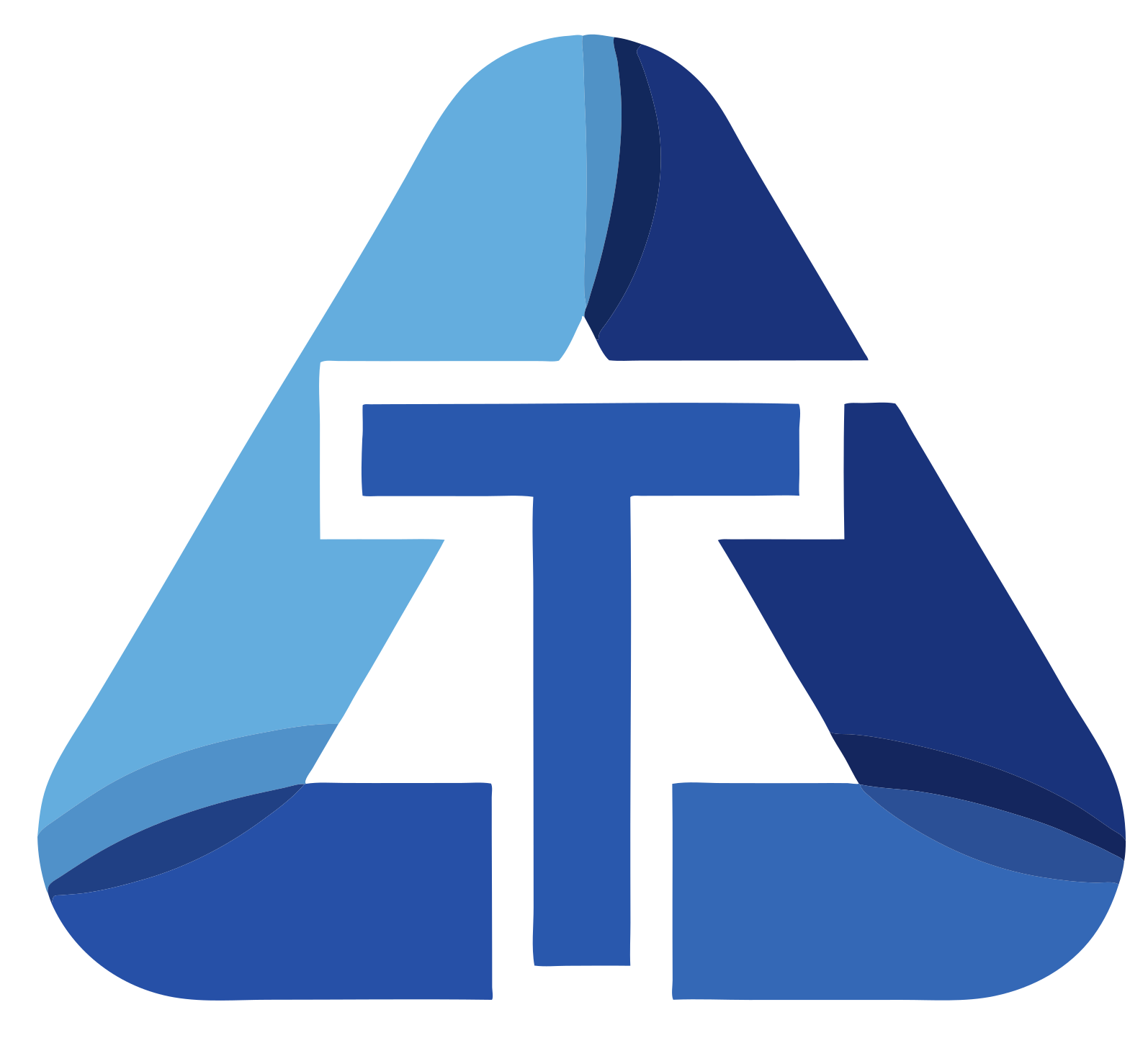 Company Logo. A blue triangle with the letter T in the center