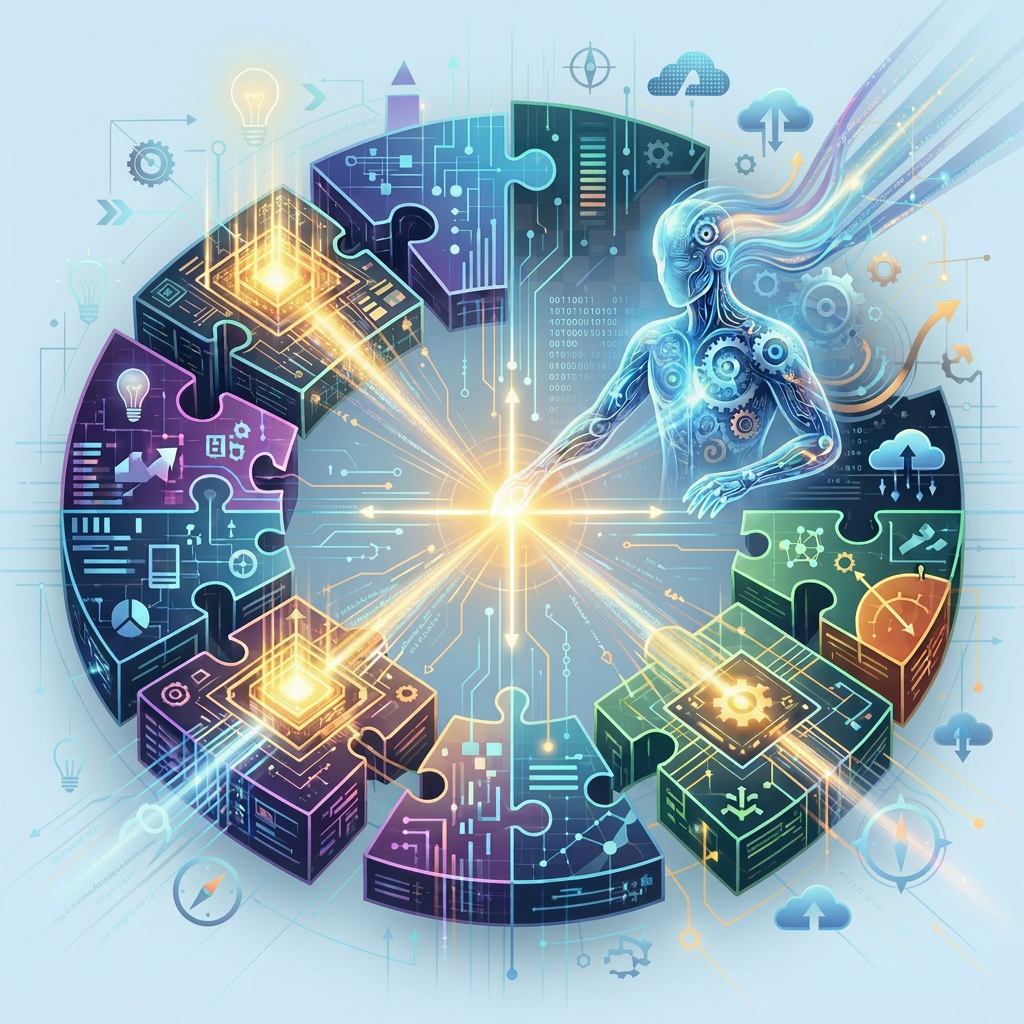 Futuristic figure interacting with digital puzzle pieces symbolizing AI and technology integration